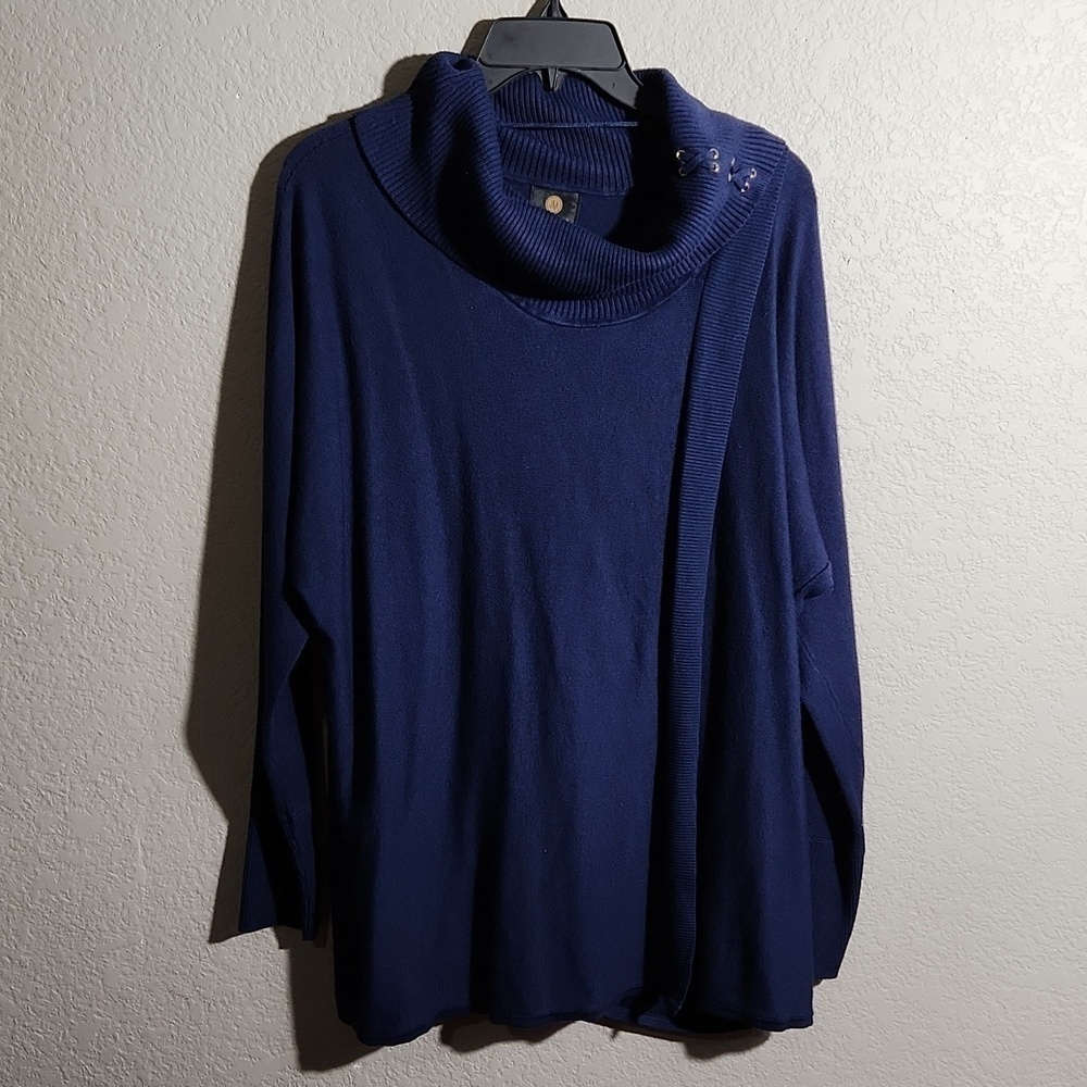 JM Collection Sweater Womens Turtleneck Lace Up Gold Rivets Large Blue